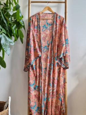 New Silk Boho Kimono In Aqua goddess floral print - Image 5