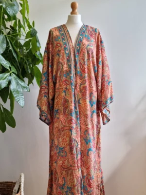New Silk Boho Kimono In Aqua goddess floral print - Image 6