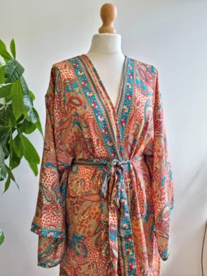 New Silk Boho Kimono In Aqua goddess floral print - Image 9