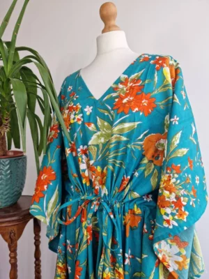 Pure Cotton Kaftan Long Dress In Quirky Botanical Bloom Shade - Image 2