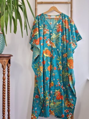 Pure Cotton Kaftan Long Dress In Quirky Botanical Bloom Shade - Image 3