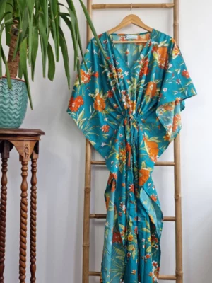 Pure Cotton Kaftan Long Dress In Quirky Botanical Bloom Shade - Image 4