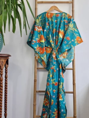 Pure Cotton Kaftan Long Dress In Quirky Botanical Bloom Shade - Image 5