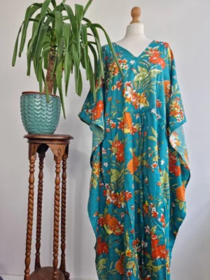 Pure Cotton Kaftan Long Dress In Quirky Botanical Bloom Shade - Image 6