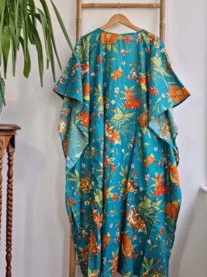 Pure Cotton Kaftan Long Dress In Quirky Botanical Bloom Shade - Image 7