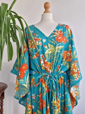 Pure Cotton Kaftan Long Dress In Quirky Botanical Bloom Shade - Image 8
