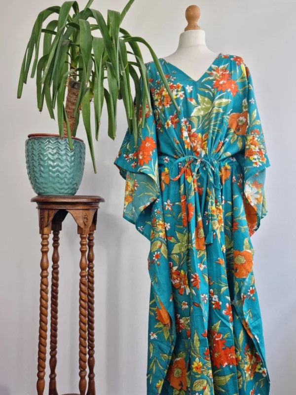Pure Cotton Kaftan Long Dress In Quirky Botanical Bloom Shade