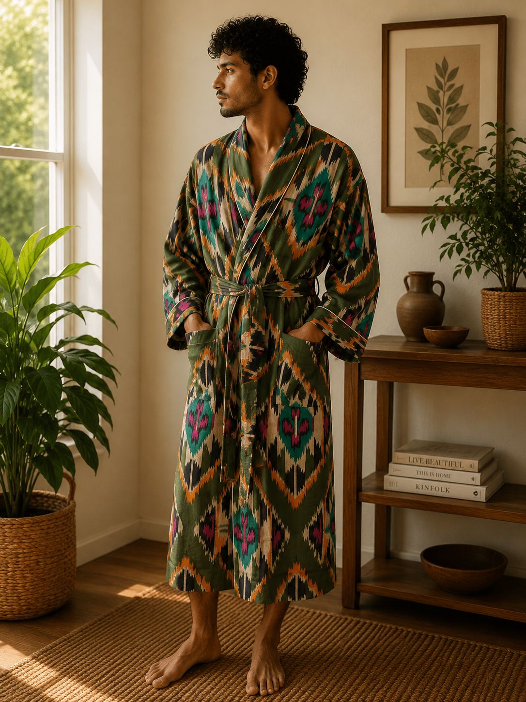 Men’s Cotton Block print Kimono In Ikat print