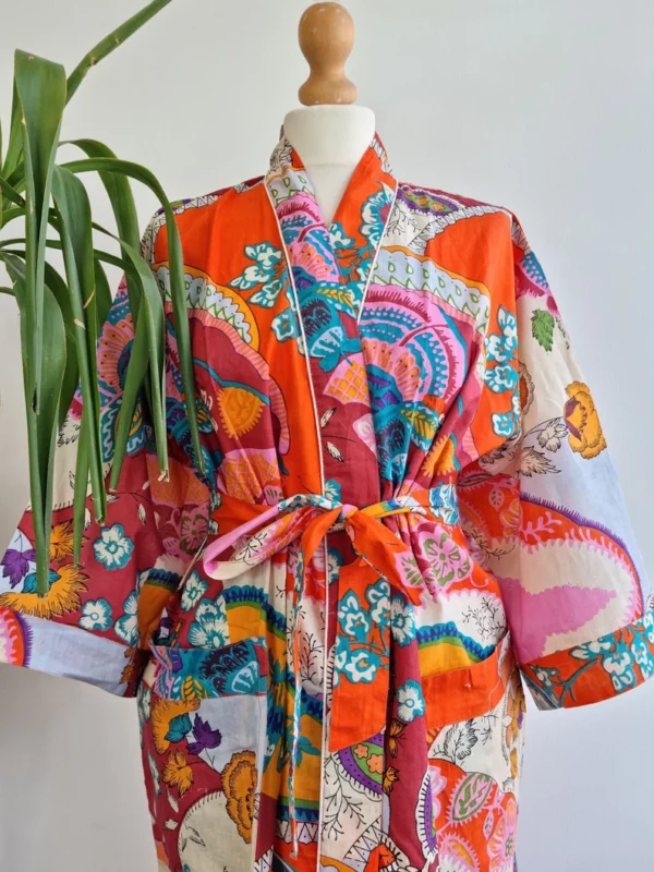 Cotton Handprinted Robe In Exotic Orange
