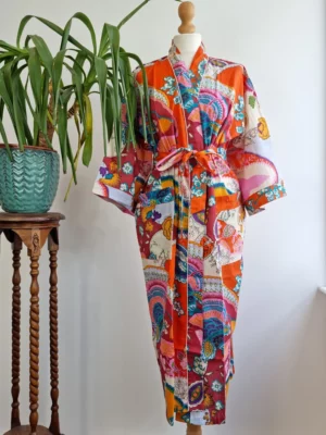 Cotton Handprinted Robe In Exotic Orange - Image 2