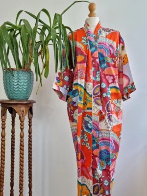Cotton Handprinted Robe In Exotic Orange - Image 3