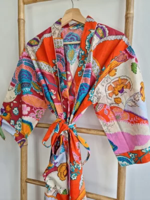 Cotton Handprinted Robe In Exotic Orange - Image 4