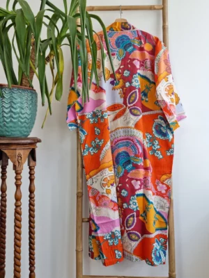 Cotton Handprinted Robe In Exotic Orange - Image 5