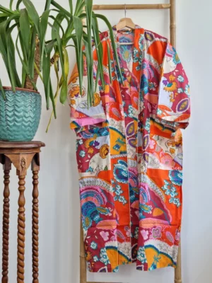 Cotton Handprinted Robe In Exotic Orange - Image 6