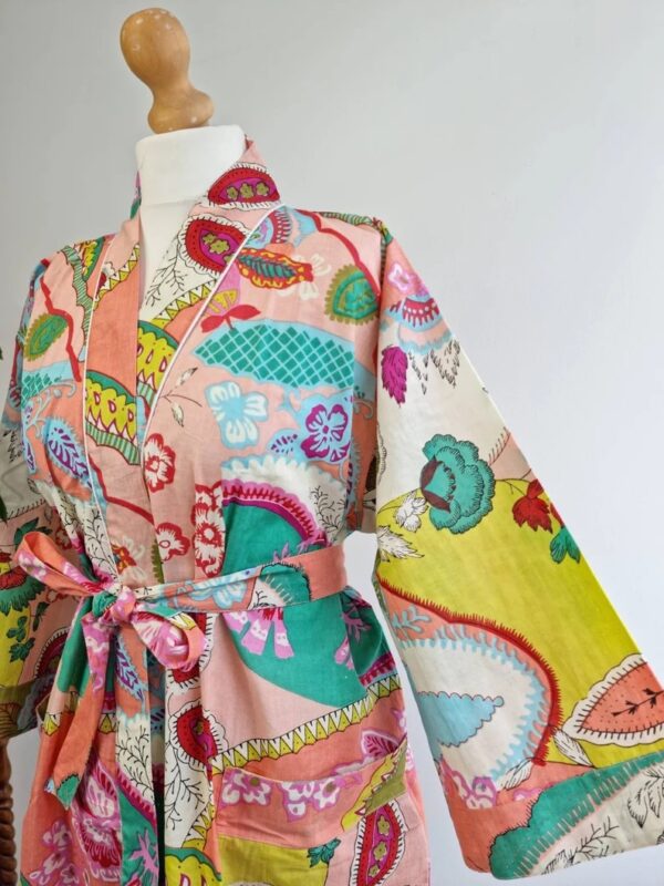 Cotton Handprinted  Kimono In Peach & Aqua Mix