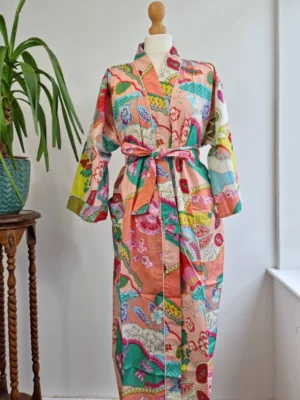 Cotton Handprinted  Kimono In Peach & Aqua Mix - Image 2