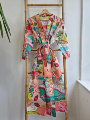 Cotton Handprinted  Kimono In Peach & Aqua Mix - Image 3
