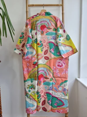 Cotton Handprinted  Kimono In Peach & Aqua Mix - Image 4