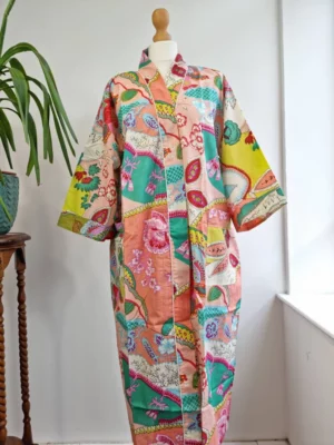 Cotton Handprinted  Kimono In Peach & Aqua Mix - Image 5