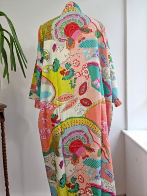 Cotton Handprinted  Kimono In Peach & Aqua Mix - Image 6