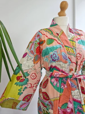 Cotton Handprinted  Kimono In Peach & Aqua Mix - Image 7