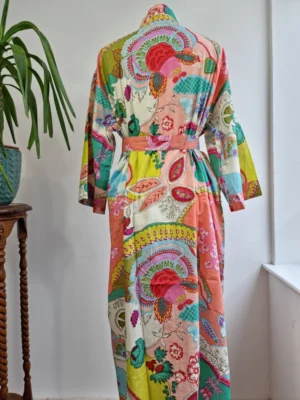 Cotton Handprinted  Kimono In Peach & Aqua Mix - Image 8