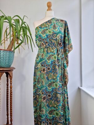New Silk Blend One Shoulder Green Kaftan Luxury Lounge | Evening Dressy Dinner Beach Wear | Digital Light Weight Flowy Gown | Hen's Party - Image 3