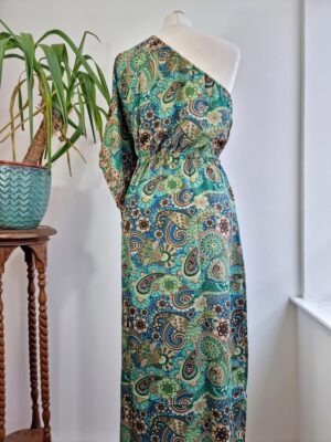New Silk Blend One Shoulder Green Kaftan Luxury Lounge | Evening Dressy Dinner Beach Wear | Digital Light Weight Flowy Gown | Hen's Party - Image 4