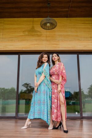 New Silk One Shoulder Raspberry Cream Kaftan - Image 3