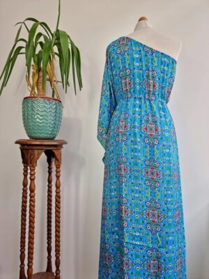 New Silk Blend One Shoulder Blue Kaftan - Image 3