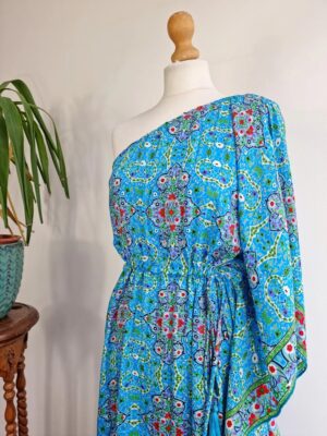 New Silk Blend One Shoulder Blue Kaftan - Image 4