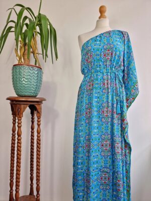 New Silk Blend One Shoulder Blue Kaftan - Image 5