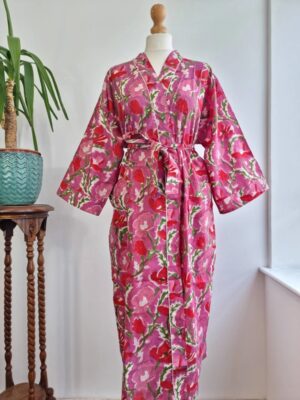 comfy handprinted cotton kimono in color pink - Image 2