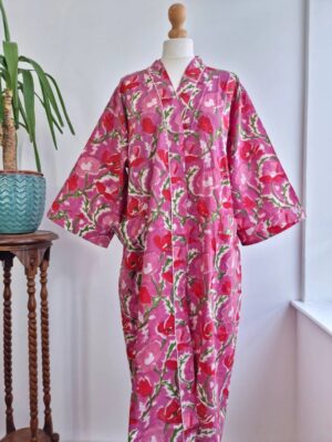 comfy handprinted cotton kimono in color pink - Image 3