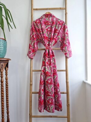 comfy handprinted cotton kimono in color pink - Image 4