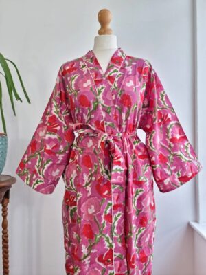 comfy handprinted cotton kimono in color pink - Image 5