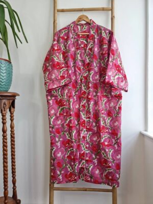 comfy handprinted cotton kimono in color pink - Image 6