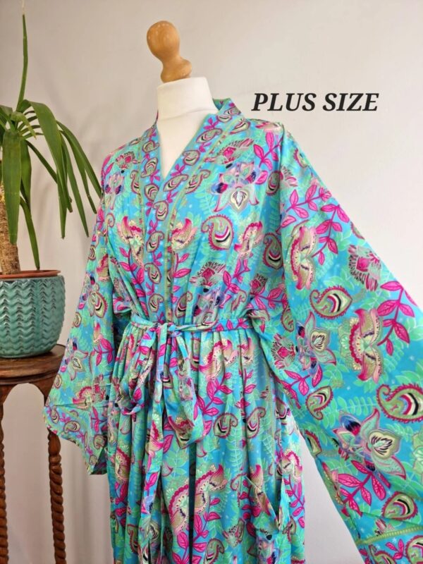 Plus Size blue Boho Kimono Robe in digital floral Print