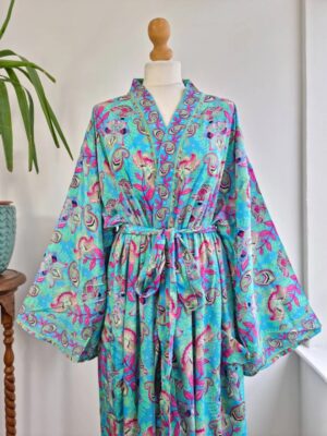 Plus Size blue Boho Kimono Robe in digital floral Print - Image 2