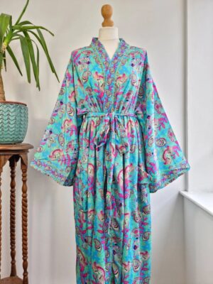 Plus Size blue Boho Kimono Robe in digital floral Print - Image 3