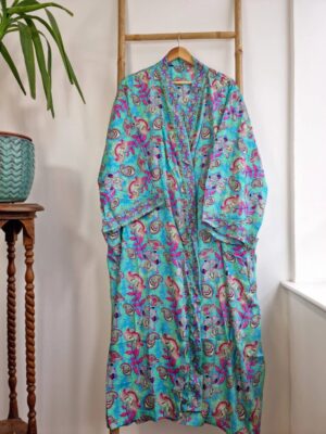 Plus Size blue Boho Kimono Robe in digital floral Print - Image 4