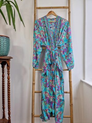 Plus Size blue Boho Kimono Robe in digital floral Print - Image 7