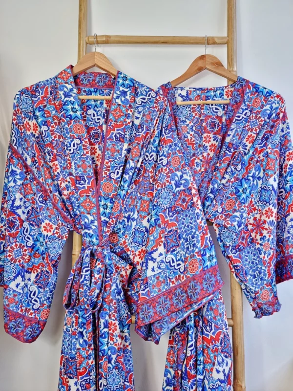 Couple Set Silk Boho Kimonos in Royal Blue White Red Santorini