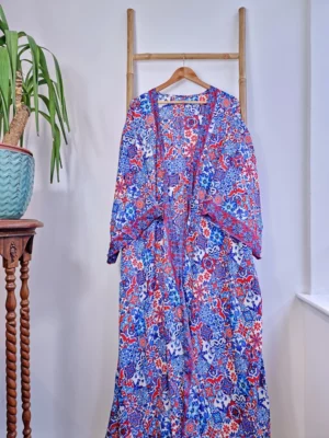 Couple Set Silk Boho Kimonos in Royal Blue White Red Santorini - Image 10