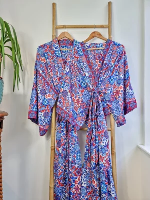 Couple Set Silk Boho Kimonos in Royal Blue White Red Santorini - Image 2