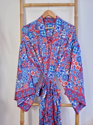 Couple Set Silk Boho Kimonos in Royal Blue White Red Santorini - Image 3