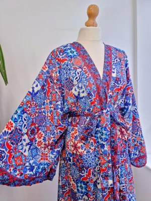 Couple Set Silk Boho Kimonos in Royal Blue White Red Santorini - Image 4