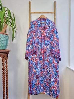 Couple Set Silk Boho Kimonos in Royal Blue White Red Santorini - Image 5