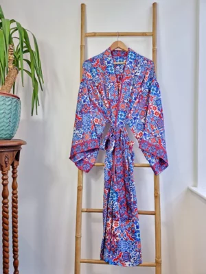 Couple Set Silk Boho Kimonos in Royal Blue White Red Santorini - Image 6