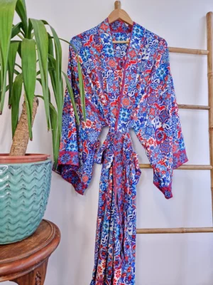 Couple Set Silk Boho Kimonos in Royal Blue White Red Santorini - Image 7
